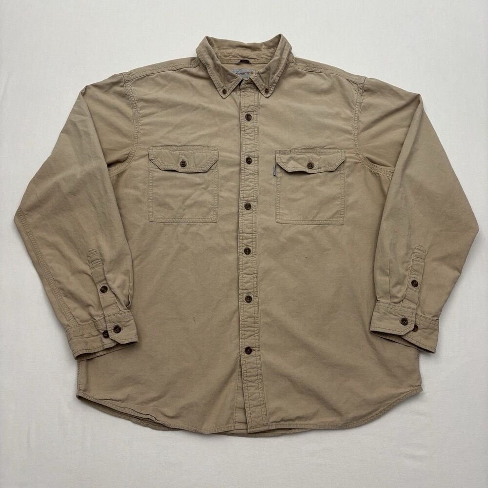 Carhartt Relaxed Fit Button Up Work Shirt Mens XL Long Sleeve Khaki Outdoor